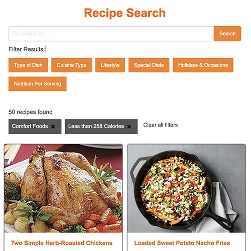 a screenshot of a website showing a search field, recipe category buttons, and a list of recipe photos and titles