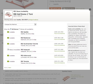 photo of a website with a dialog showing a tent, and a list of REI store locations