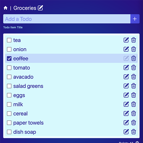 A screenshot of a web application showing a list titled groceries, a form input, and a list of interactive grocery items